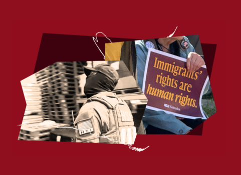 Collage depicting masks ICE agents and a person holding a sign reading "Immigrants Rights are Human Rights"
