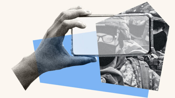 A stylized graphic shows a cell phone recording an ICE agent.