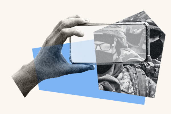 A stylized graphic shows a cell phone recording an ICE agent.