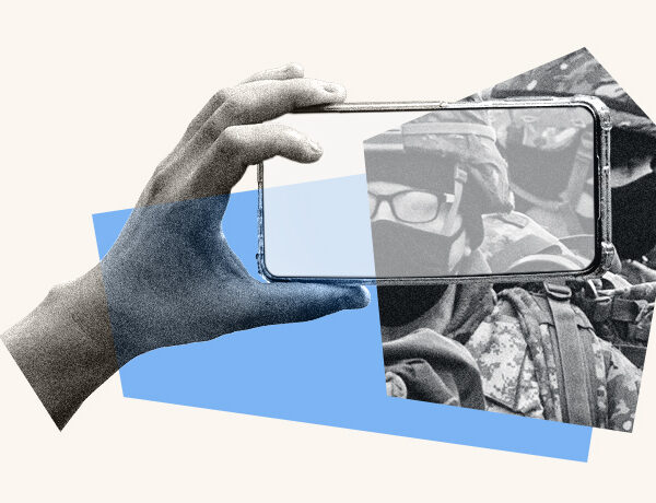 A stylized graphic shows a cell phone recording an ICE agent.