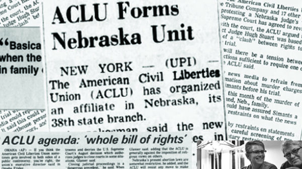 A montage of newspaper headlines about the ACLU of Nebraska.