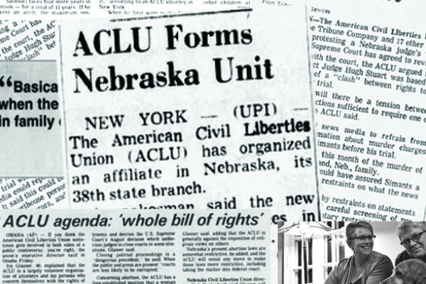 A montage of newspaper headlines about the ACLU of Nebraska.