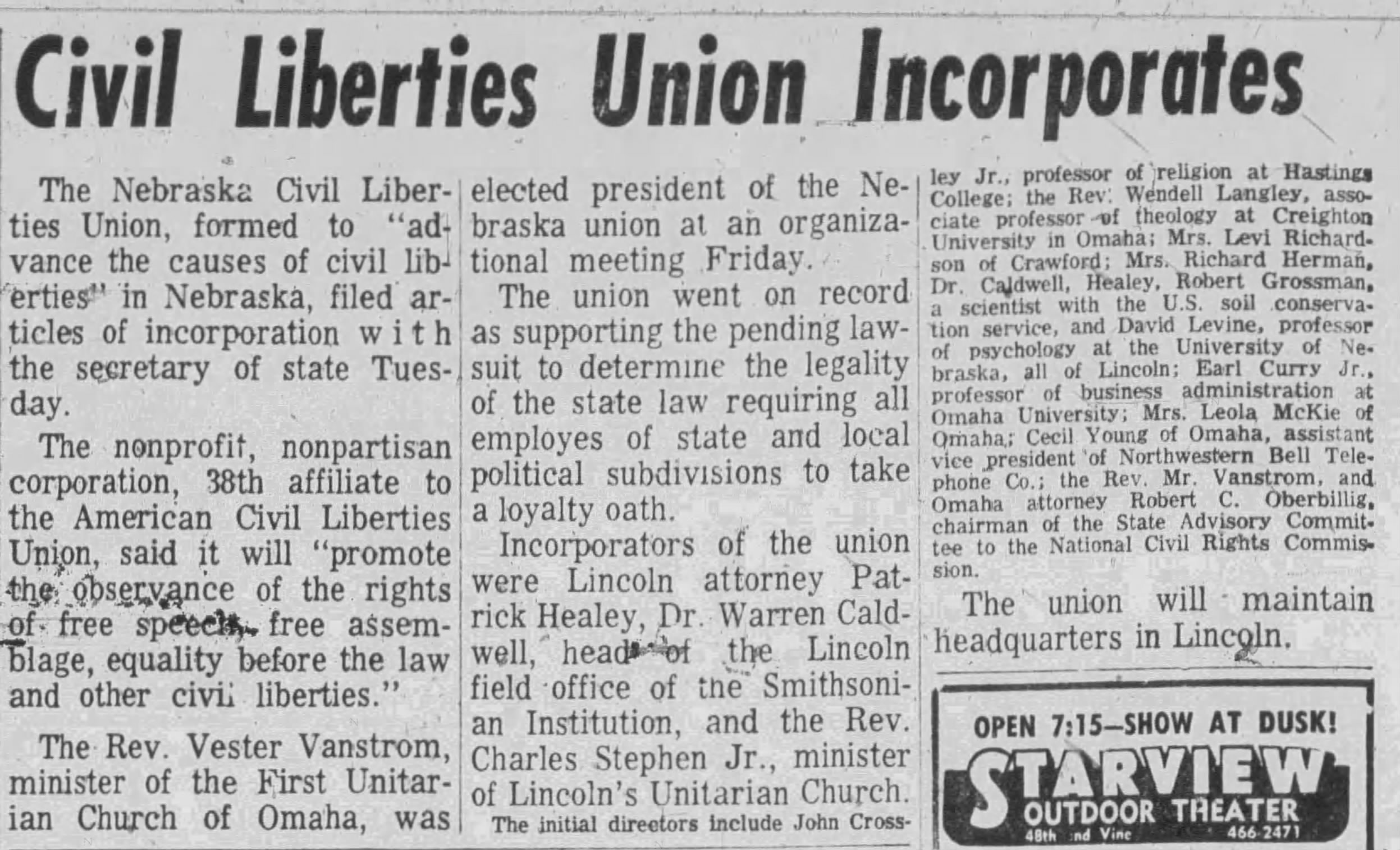 Lincoln Journal Star coverage reads Civil Liberties Union incorporated.
