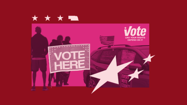 A graphic with imagery of stars and voting images.