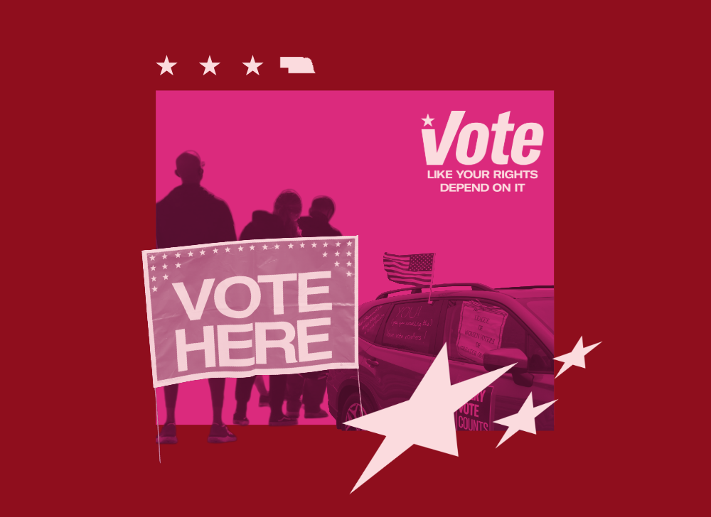 A graphic with stars and signage reads "Vote here" and "vote like your rights depend on it."