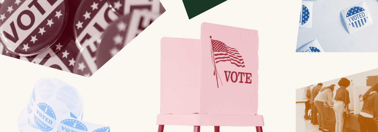 A graphic shows colored images of voting related activities.