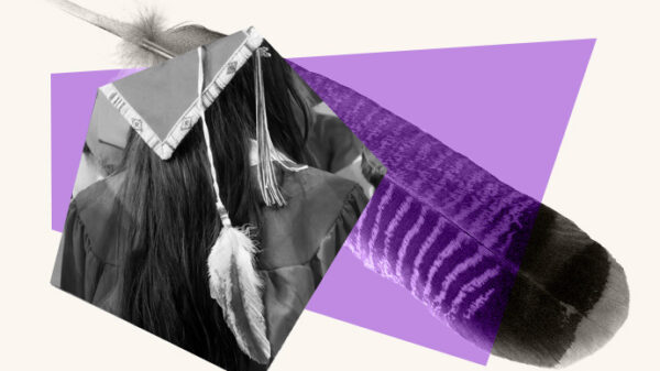 A stylized graphic shows a Nebraska high school graduate with a beaded cap and feather.