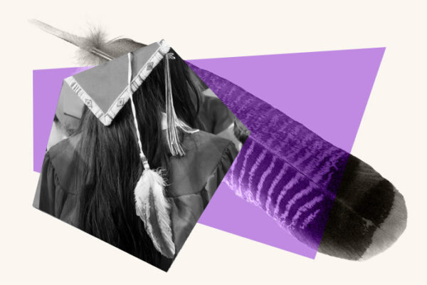 A stylized graphic shows a Nebraska high school graduate with a beaded cap and feather.