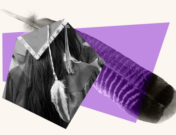 A stylized graphic shows a Nebraska high school graduate with a beaded cap and feather.