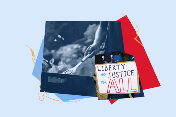 A collage graphic shows a grill and liberty and justice for all.