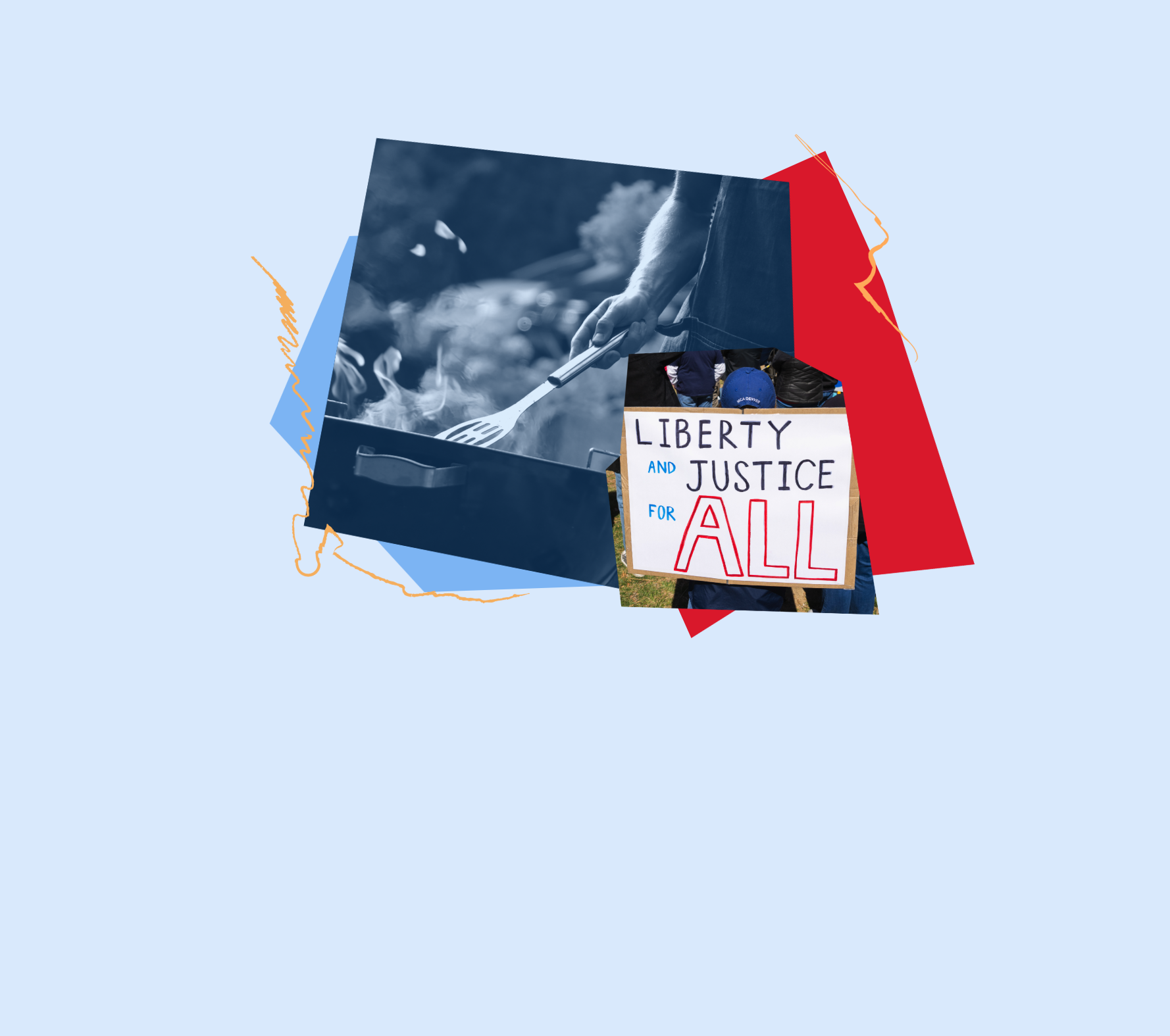 A stylized collage with a grill and protest sign.