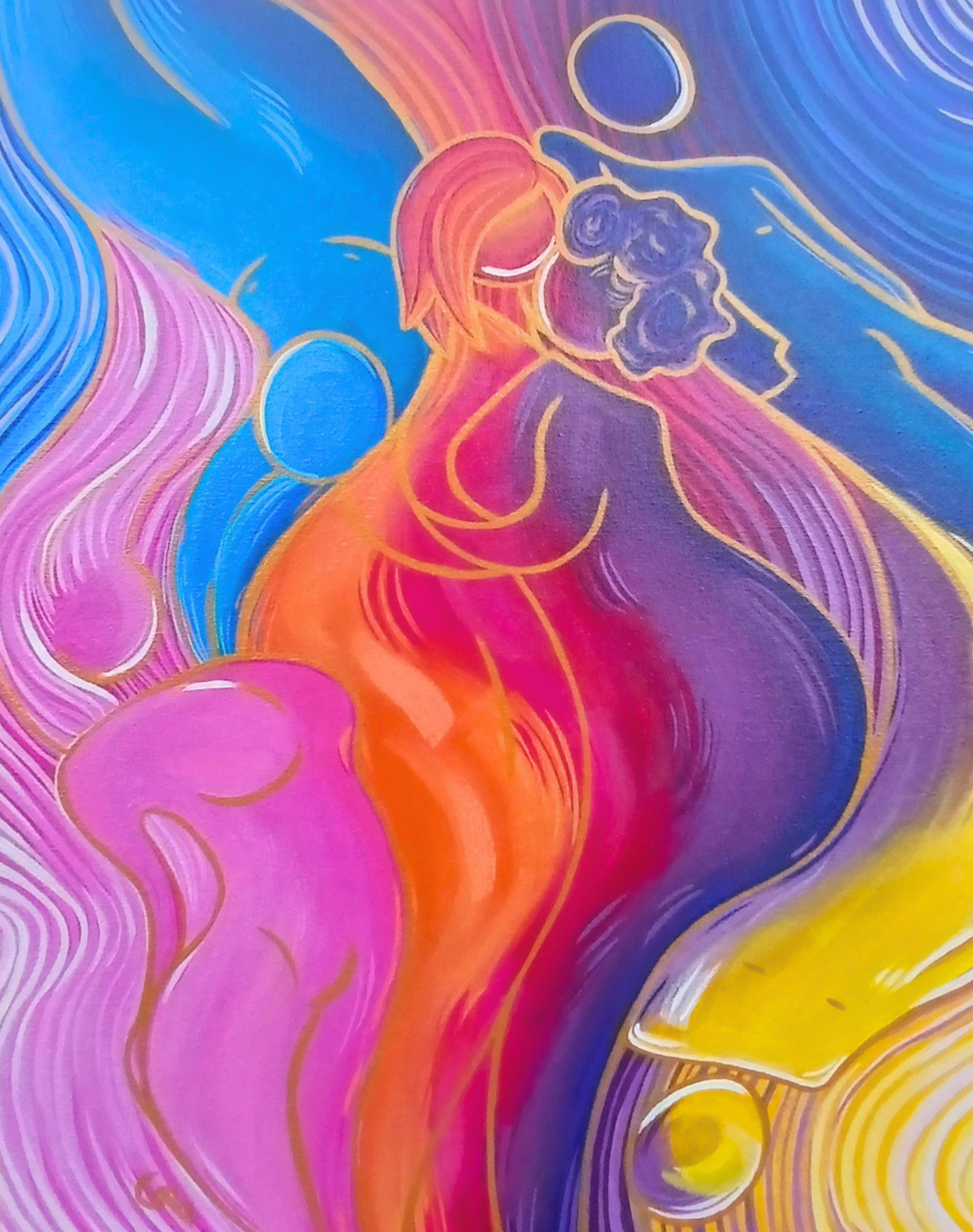 Colorful figures stretch across this acrylic painting by artist Gabrielle Bronson.
