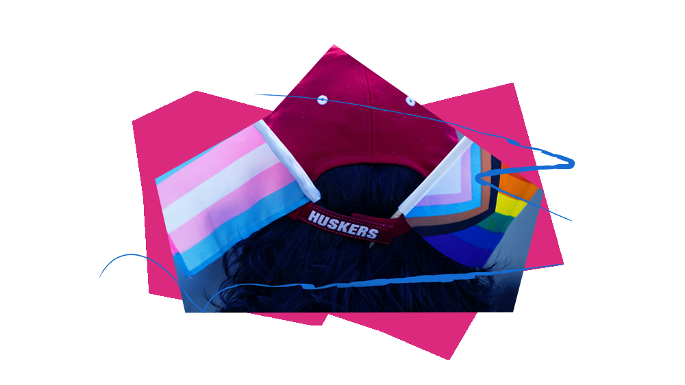 A collage shows a Husker hat with Pride and trans flags on it.
