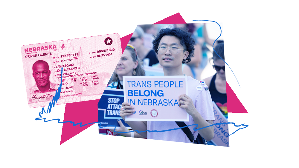 A collage shows a Nebraska driver's license and rally attendees holding supportive signs.