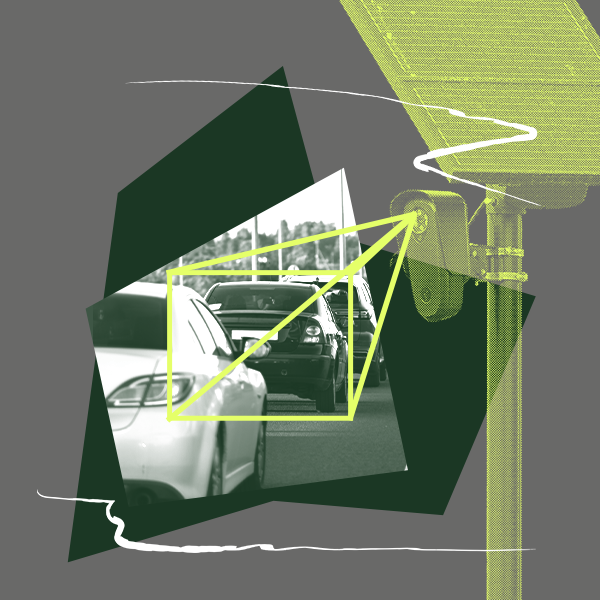 A stylized graphic with an automated license plate reader.