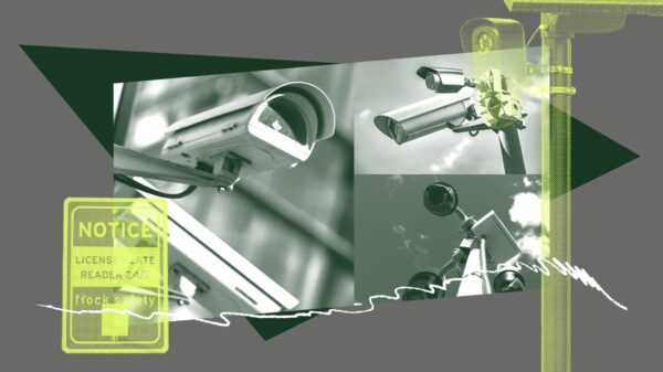 A montage of surveillance cameras with neon accents.