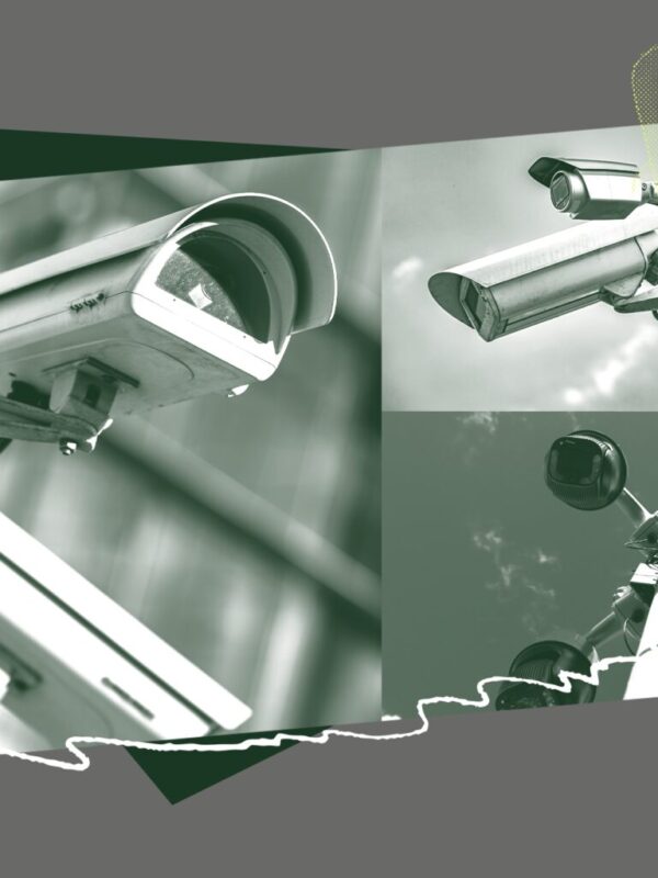 A montage of surveillance cameras with neon accents.