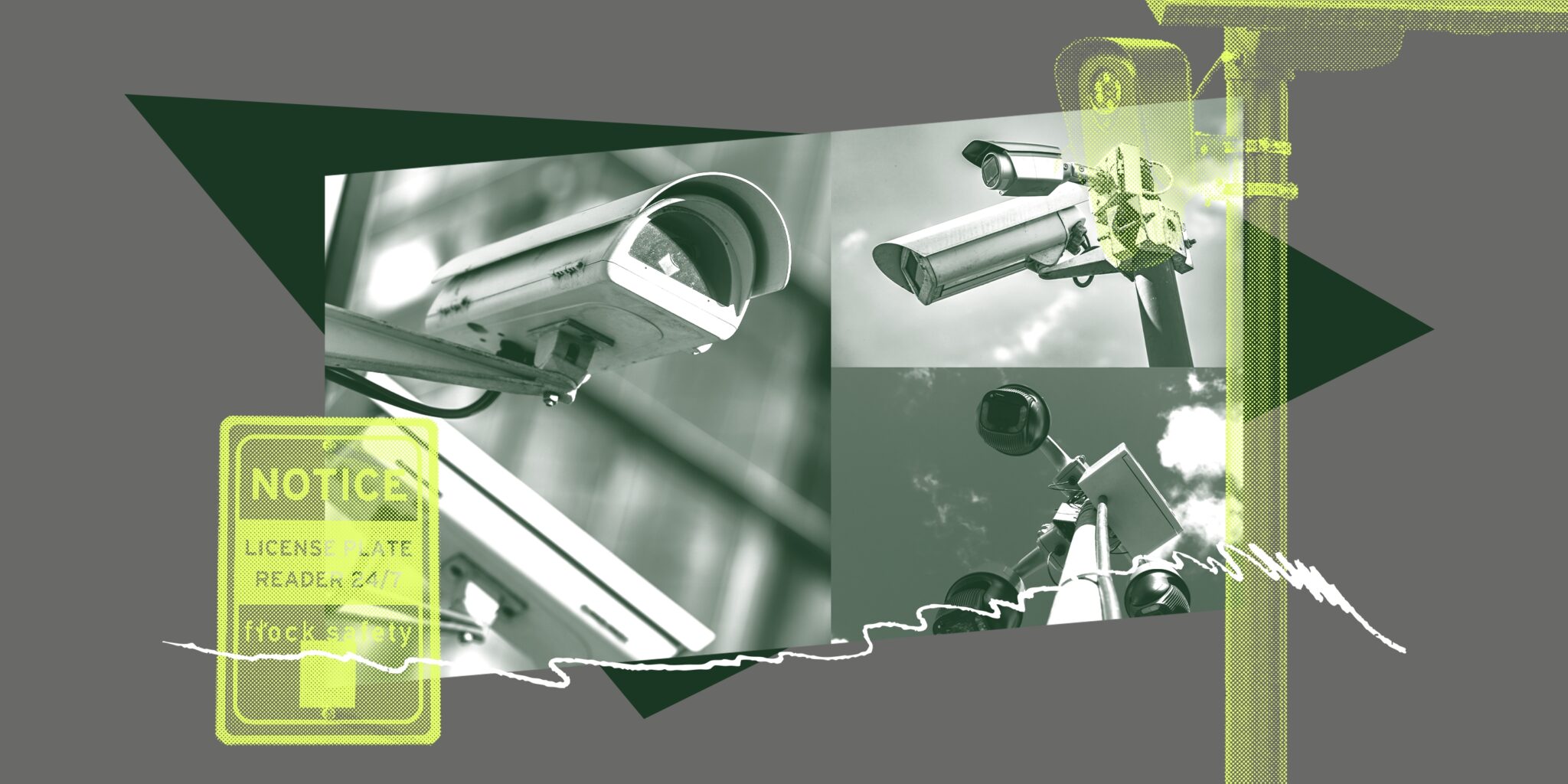 A montage of surveillance cameras with neon accents.