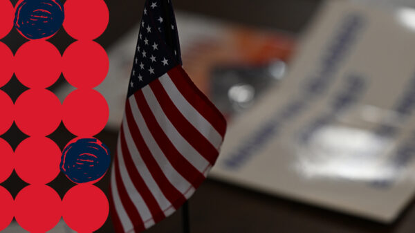 A stylized graphic shows a flag and polling place.