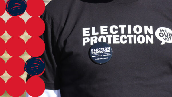 A stylized graphic of a shirt reading election protection.