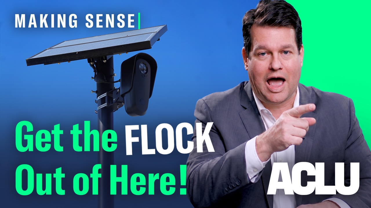 ACLU staff member chad marlow speaks to the camera in a video subtitled Get the Flock Out of Here!