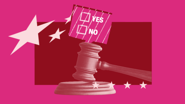 A pink and maroon graphic shows a gavel with a YES and NO above it.