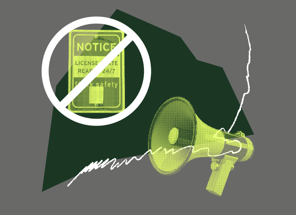 A stylized megaphone and sign related to Flock cameras.