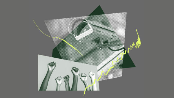 A stylized graphic shows a Flock camera and arms raised in protest.
