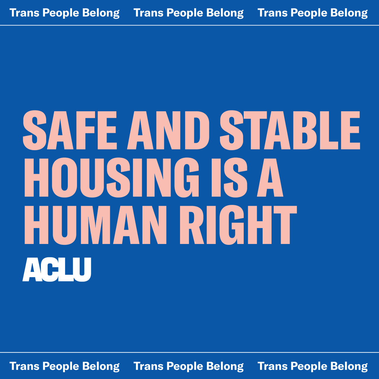 Blue background with light pink text that says "SAFE AND STABLE HOUSING IS A HUMAN RIGHT". There is a white ACLU logo in the bottom left corner and the top banner says "Trans People Belong" in white text. 