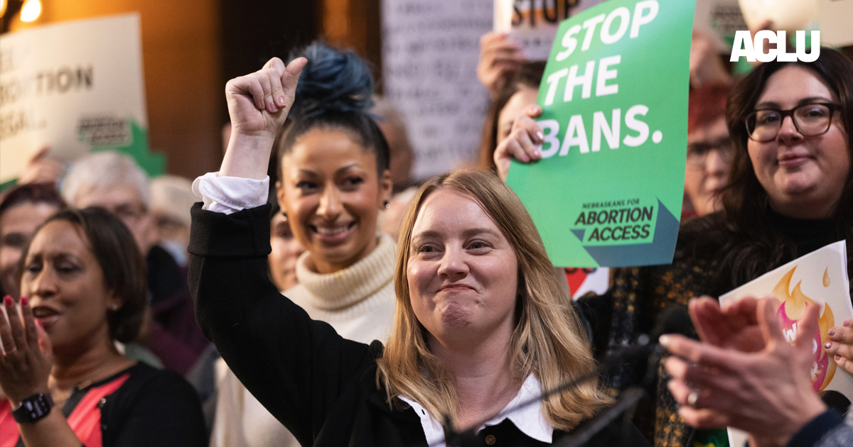Senator Megan Hunt and advocates, including the ACLU of Nebraska, rally against abortion ban LB 626.