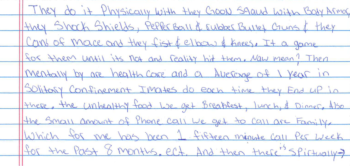 Excerpt from a handwritten letter by Dylan, a young Nebraskan who has been in solitary.
