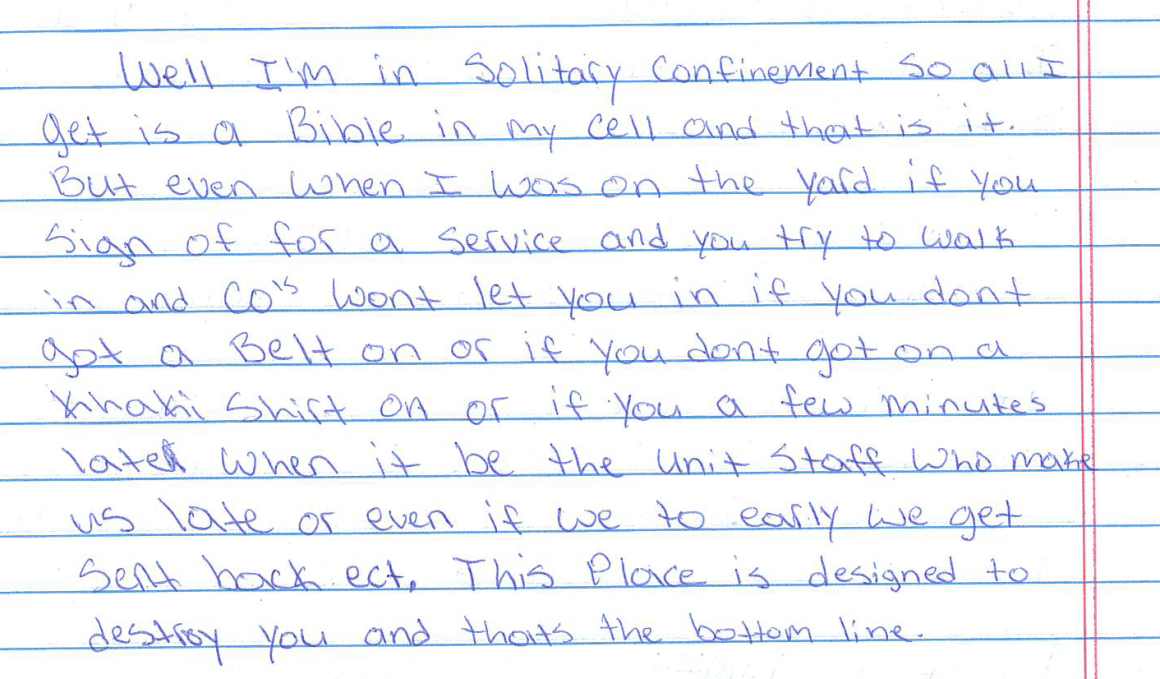 Handwritten excerpt from Dylan, a young Nebraskan in solitary.