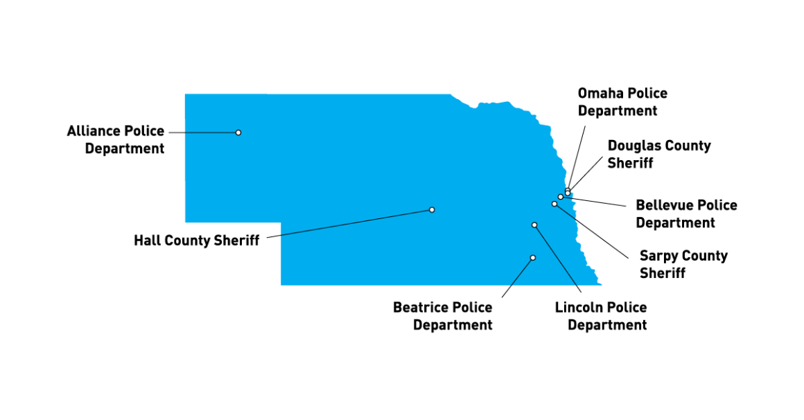 Map of Nebraska with Law Enforcement Agencies meeting DOJ civilian complaint procedures.
