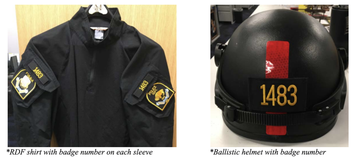 An image from the OPD compliance report shows badge numbers displayed on a helmet and jacket.