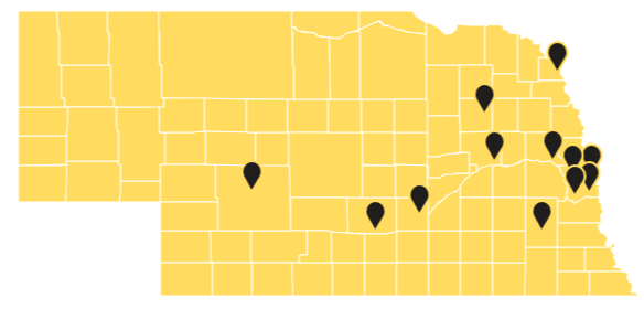 Location indicators show Nebraska's largest public school districts based on number of students.