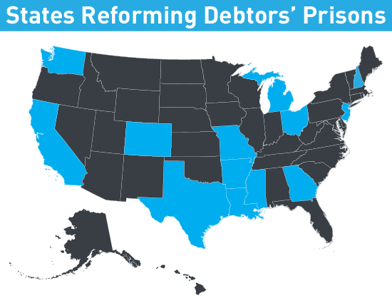 map of states reforming debtors prisons