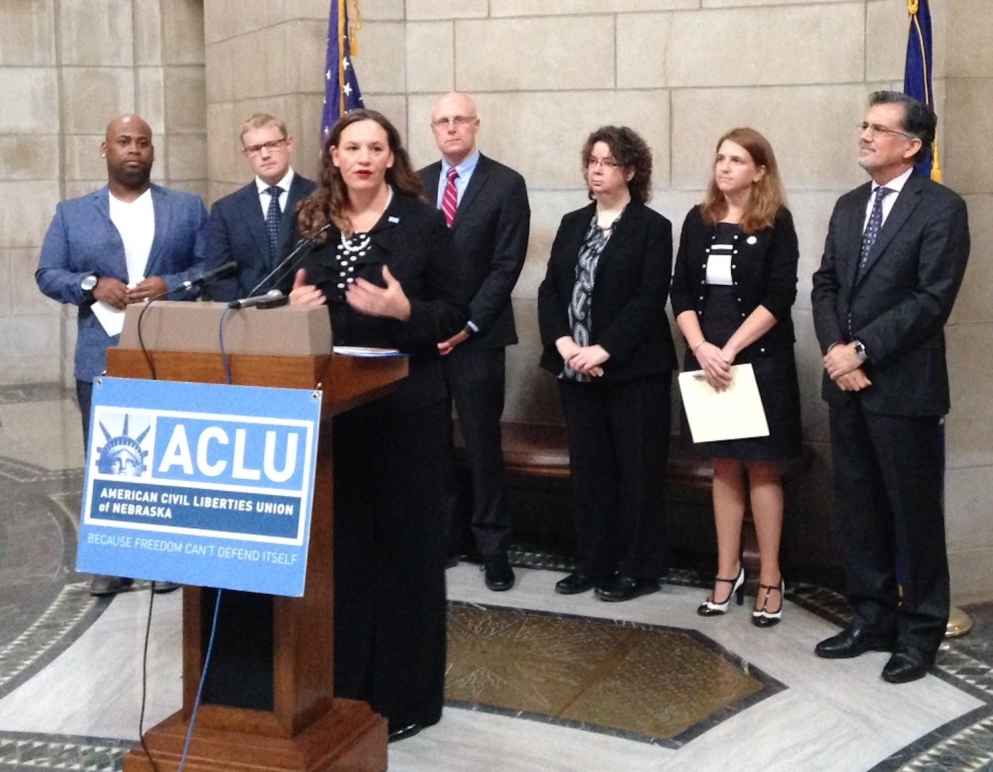 ACLU of Nebraska’s Danielle Conrad announced the lawsuit against the Dept. of Correctional Services last year.  photo credit: Nebraska Radio Network  