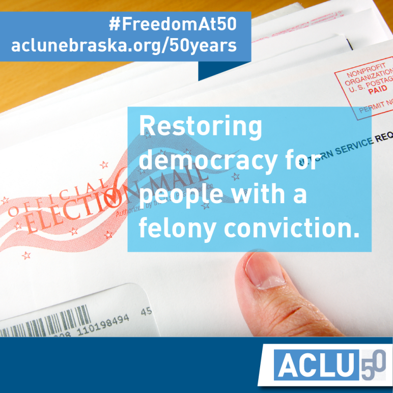 Election mail with text: Restoring democracy for people with a felony conviction