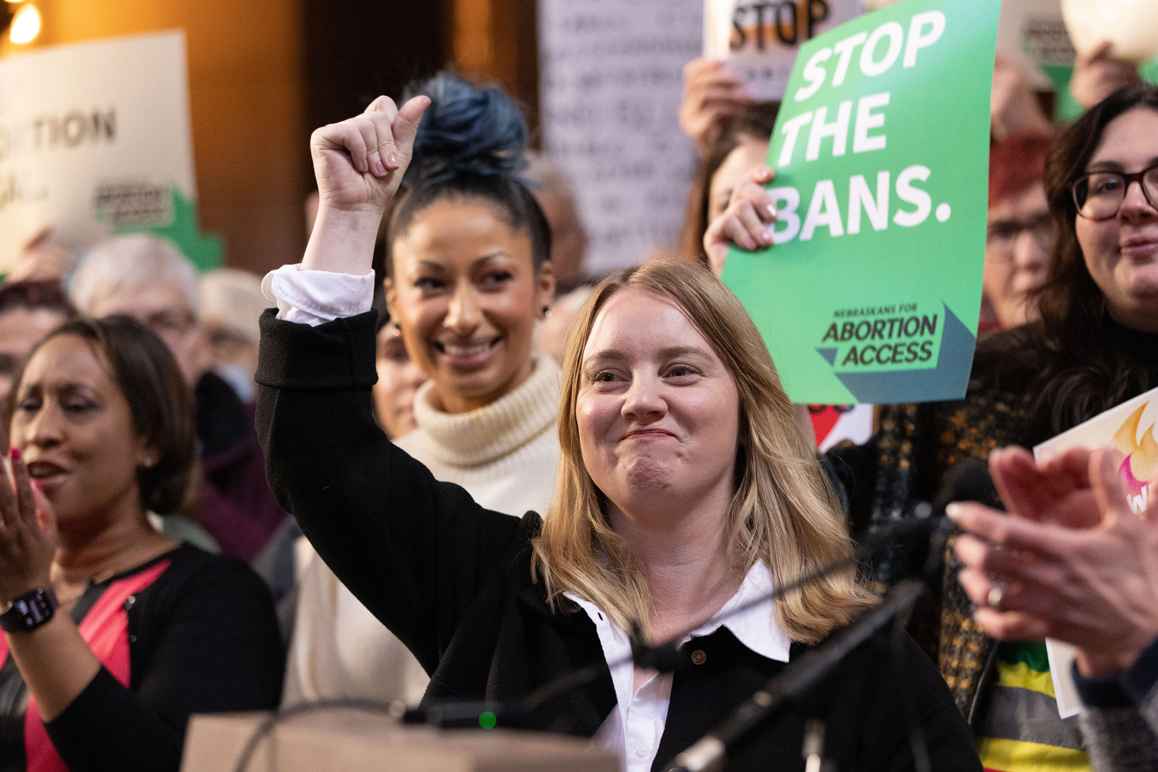 Senator Megan Hunt and advocates, including the ACLU of Nebraska, rally against abortion ban LB 626.