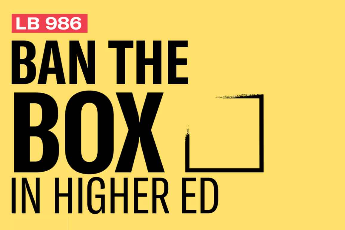 A graphic reads "ban the box in higher ed"