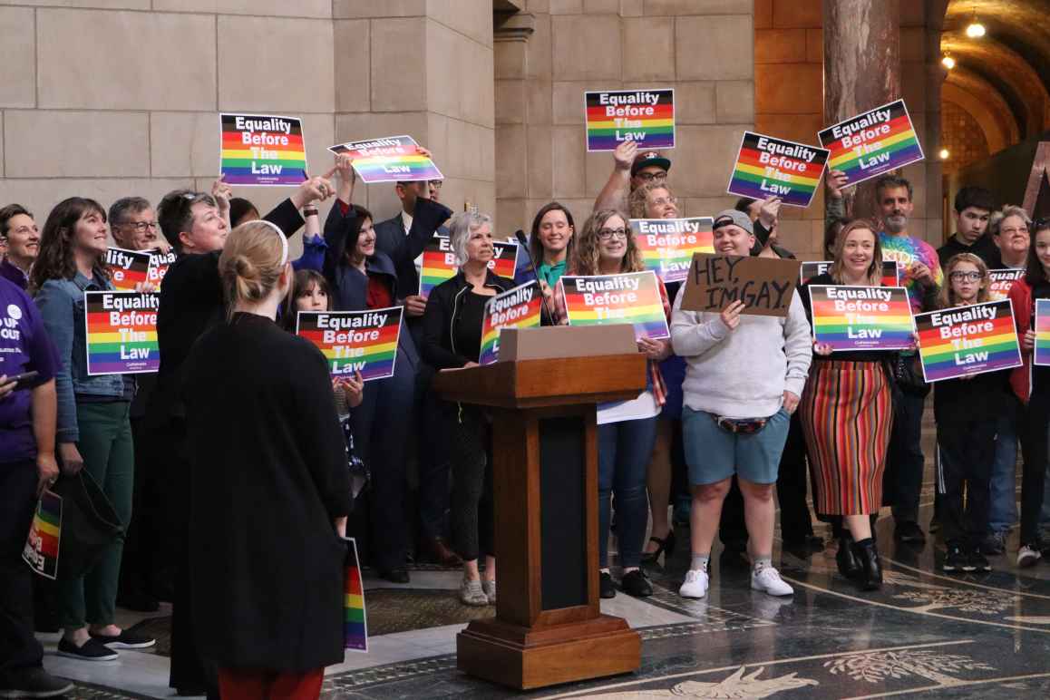 A rally and press conference in support of nondiscrimination protections for LGBTQ workers.