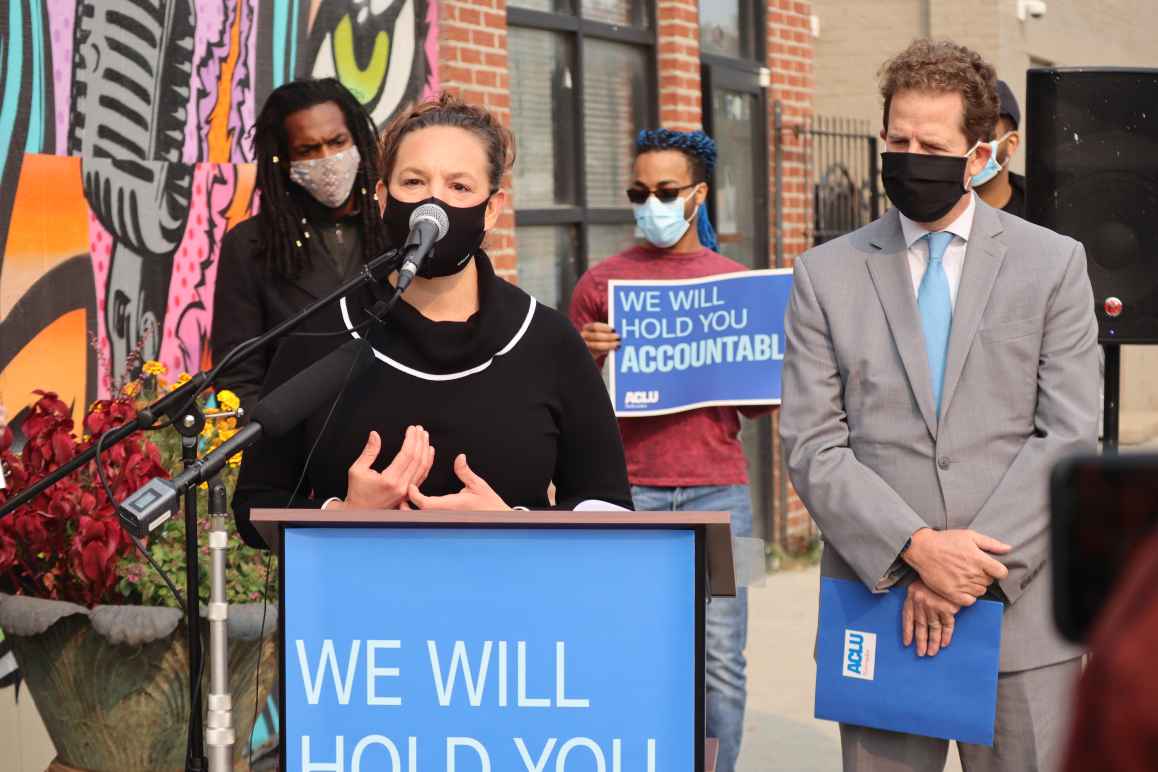 ACLU of Nebraska Executive Director Danielle Conrad speaks at a press conference.