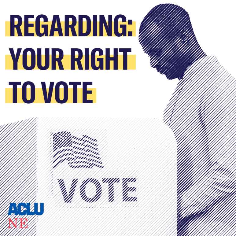 A man stands at a voting booth next to a message that says "Regarding Your Right to Vote."