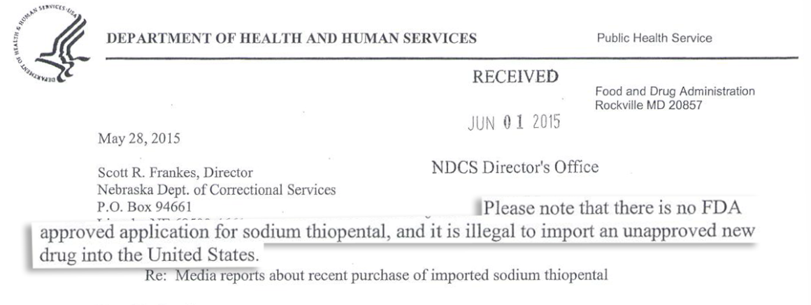 Letter to Nebraska saying lethal injection drugs cannot be imported.