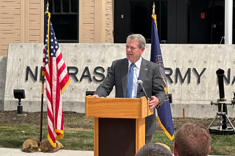 Gov. Jim Pillen speaks at a Nebraska National Guard event.