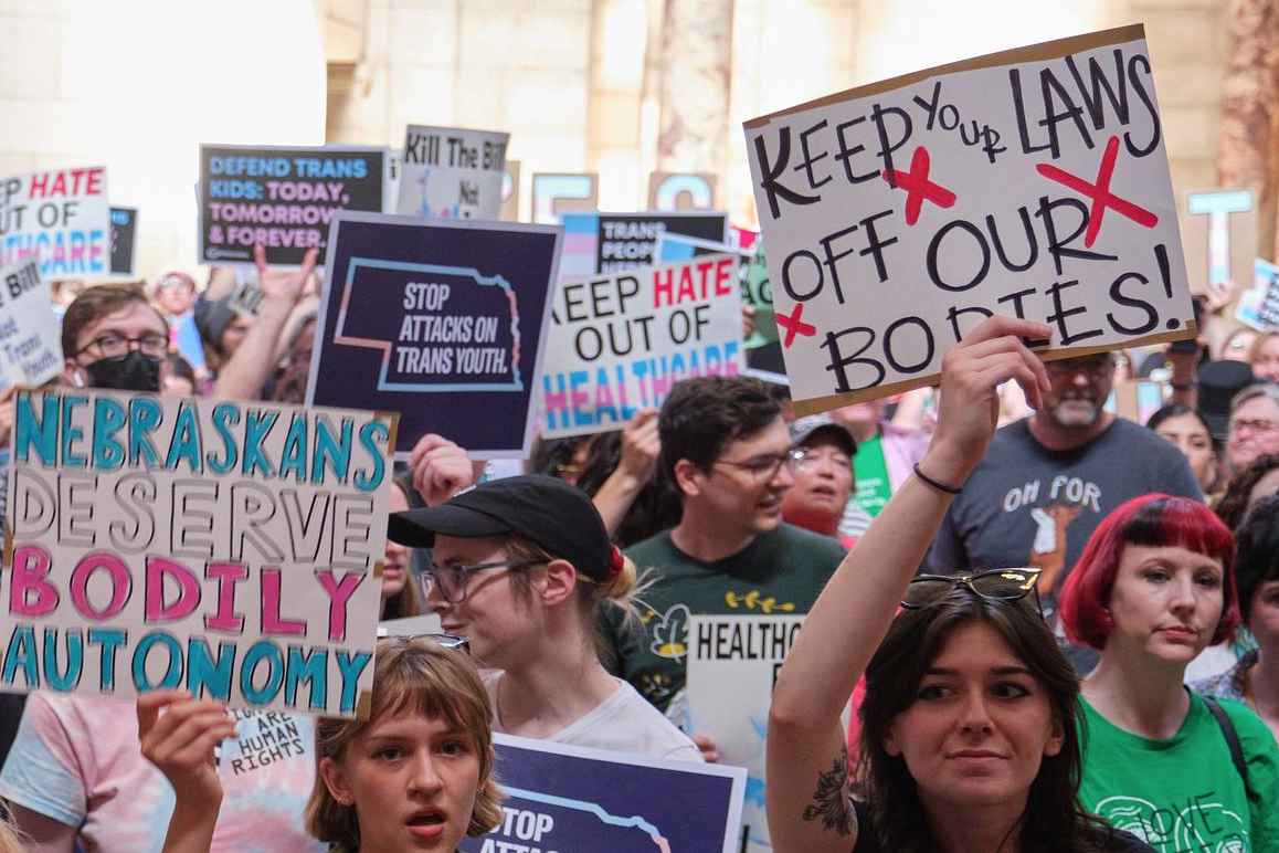 Nebraskans gather in the Capitol to tell state senators to protect trans youth and abortion access during LB 574's first Final Reading debate on Tuesday, May 16. Photo by Chad Greene for the ACLU of Nebraska.