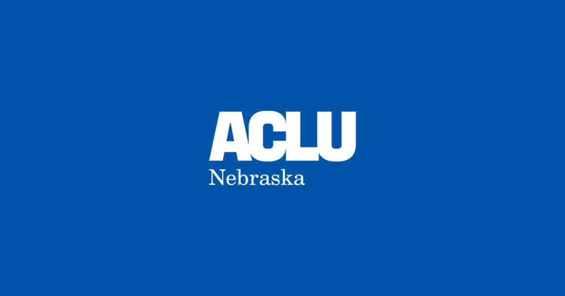 A blue graphic with the ACLU of Nebraska logo in the center