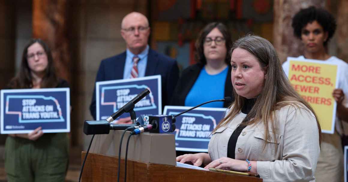 ACLU of Nebraska Interim Executive Director Mindy Rush Chipman announces our new lawsuit during a press event at the Nebraska State Capitol.