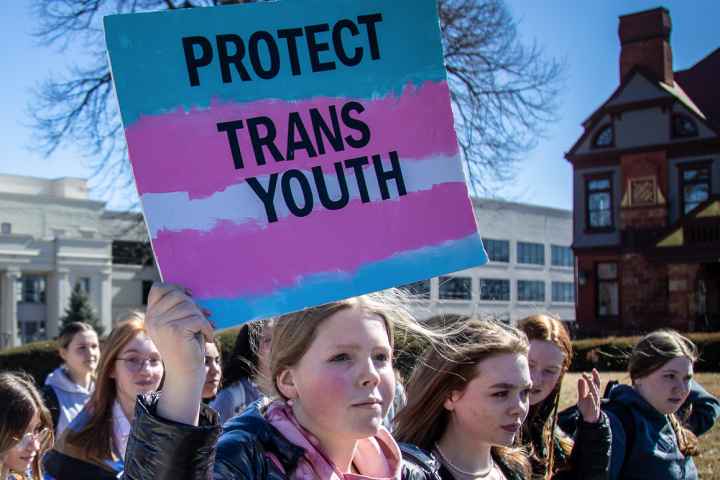 Des Moines high school students walk out of class in a demonstration against anti-trans legislation. Photo courtesy Phil Roeder.