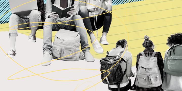 A stylized graphic shows a group of students.